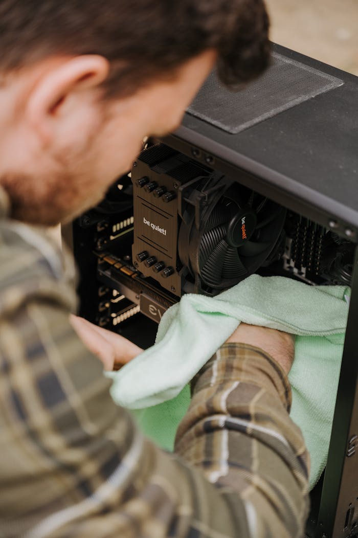 why-choose-us Adult male cleaning desktop computer interior using soft cloth for maintenance.
